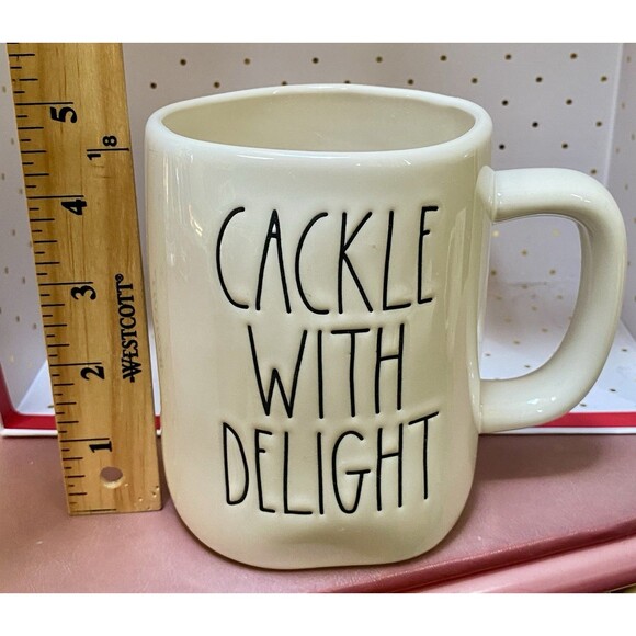 Rae Dunn CACKLE WITH DELIGHT White Coffee Mug Double Sided Witch Hat Halloween - Picture 10 of 10